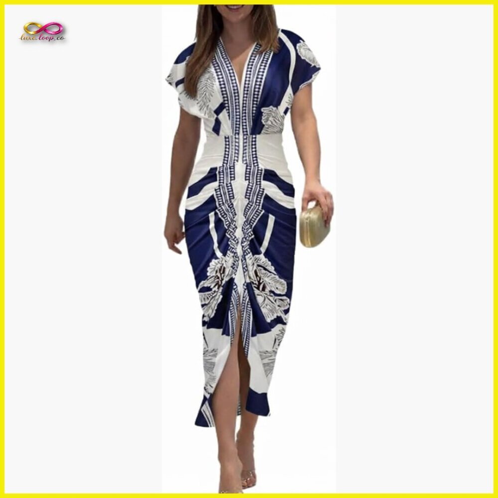 Floral Print Midi Dress V-Neck Ruched Bodycon Slit Party Casual Chic